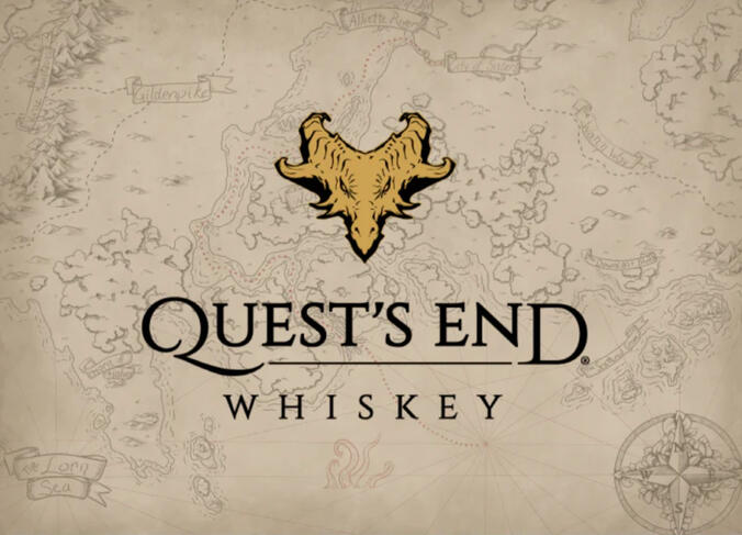Quest's End Whiskey logo with a map by Deven Rue in the background