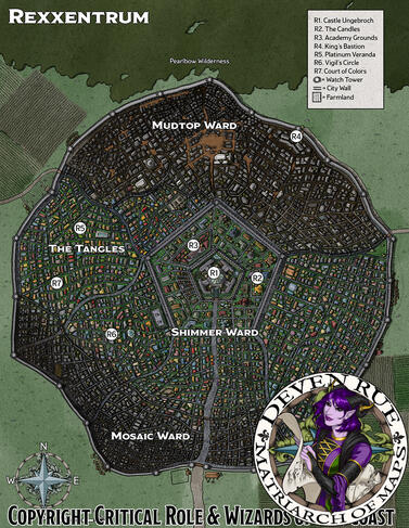 A drawing of a walled city map surrounded by farms and trees. The walls of the city bend and bow in odd ways to emphasize how quickly it expanded. The old walls are clearly visible within the city itself and mark off districts. Rexxentrum is a part of the