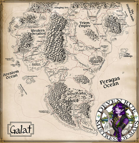 A hand-drawn regional map of the fantasy country of Galat on yellowed, stained paper background.