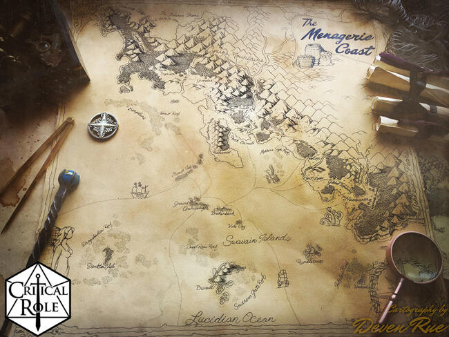 A vintage looking photograph of the Menagerie Coast from Critical Role. The map is surrounded by scrolls, navigational tools, coins, netting, and a wand.
