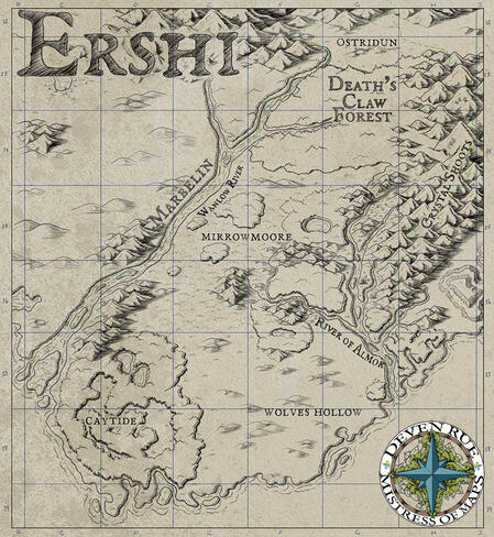 A hand-drawn map created in pencil on an aged paper background of a fictional country named Ershi.