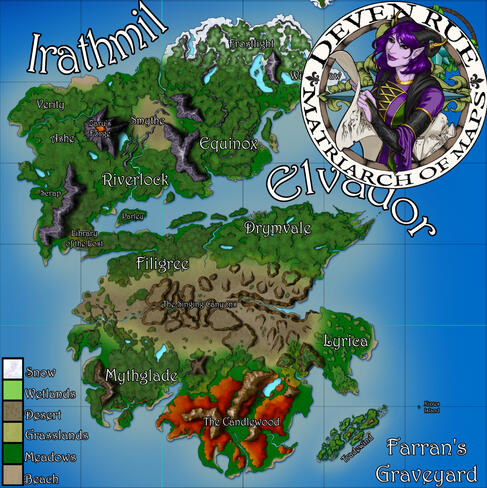 A colorful digitally drawn map of a continent nearly split in two save for a thin wedge of land connecting them.