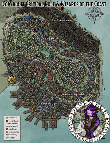 An illustrated map drawn by Deven Rue of the fictional city of Port Damali in the world of Exandria created by Critical Role. It is a tiered city build on a hill and surrounded on three sides by water. A large harbor is to the south next to a lighthouse. I