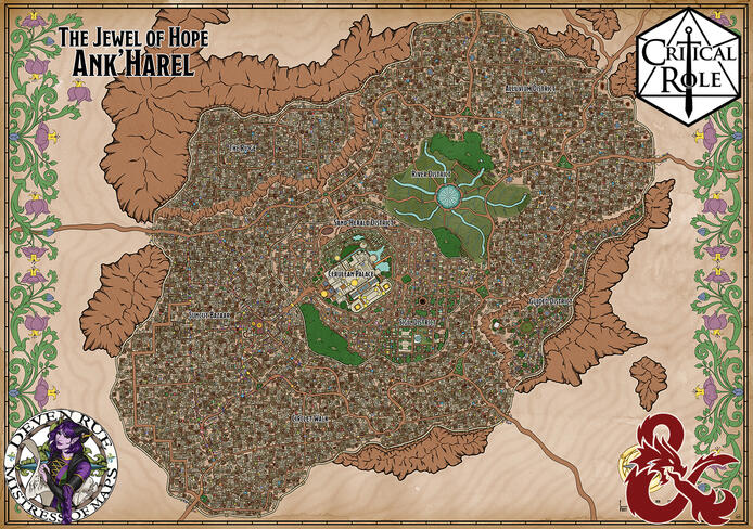 A hand-drawn fantasy map of the desert city of Ank’Harel from Critical Role’s world of Exandria. The city is surrounded by mountains and desert sands. The map shows a vast city with hundreds of buildings, a palace and a lush garden district. Its bordered i