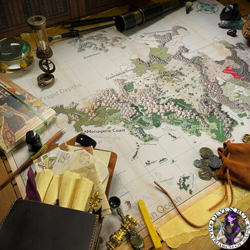 A photograph of a map of Wildemount surrounded by scrolls, navigation tools, telescopes, coins and writing instruments.