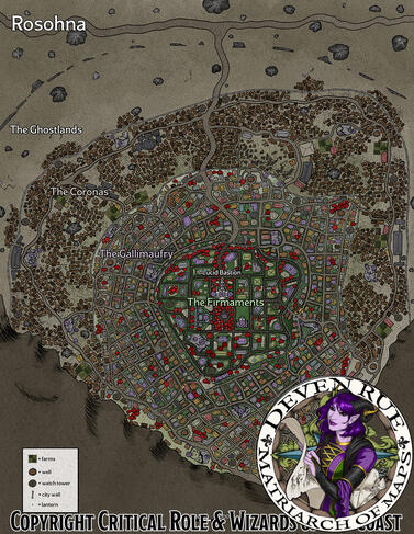 An illustrated map drawn by Deven Rue of the fictional city of Rosohna in the world of Exandria created by Critical Role. The city butts up against a large mountain and is surrounded by a hostile landscape. The center of the city looks lush and green with