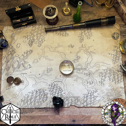 A photo of a hand-drawn illustrated map of the fantasy region of the Hellcatch Vally in the world of Exandria from Critical Role created by Deven. The map is created on a slightly aged and worn paper, surrounded by navigation instruments.